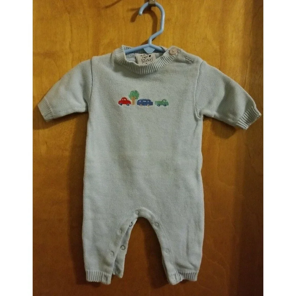 Boy's blue one piece sweater outfit NB vehicles and tree